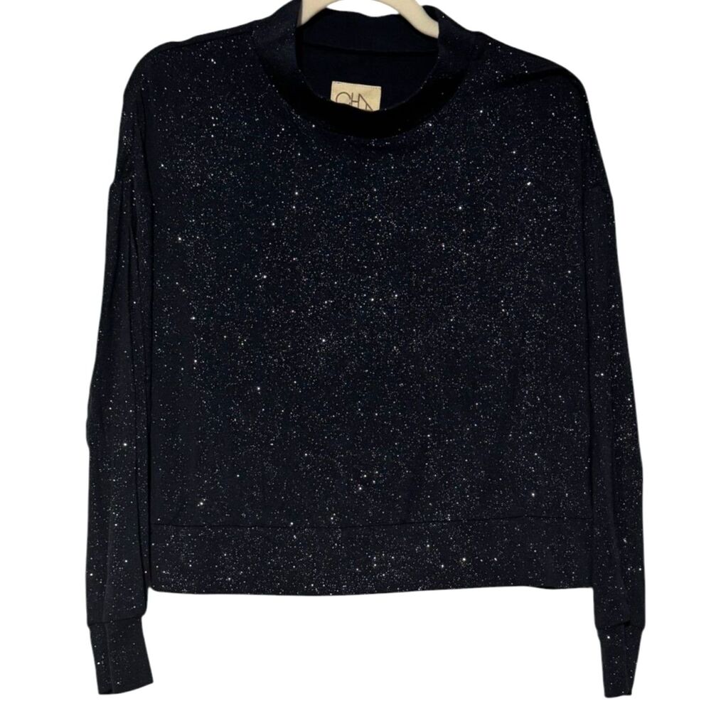 Chaser Navy Glitter Sparkle Mock Neck Cropped Pullover Long Open Sleeve Top